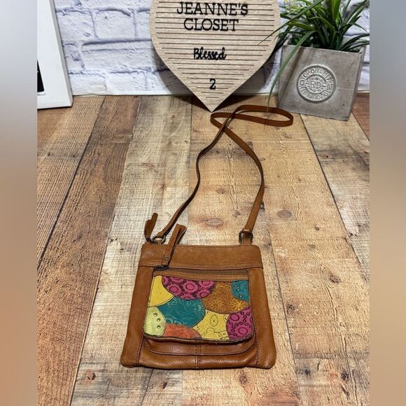 Fossil Handbags - Fossil Crossbody Handbag Patchwork Studded Flower Pebbled Leather Purse Brown